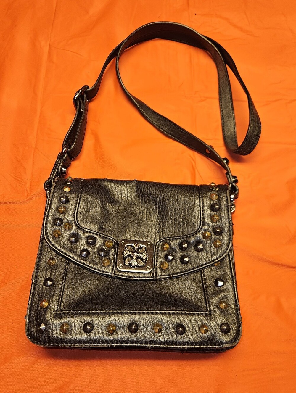 Miss Me Faux Leather Crossbody Bag Distinct Metallic Studs Pewter Finish G.U.C.